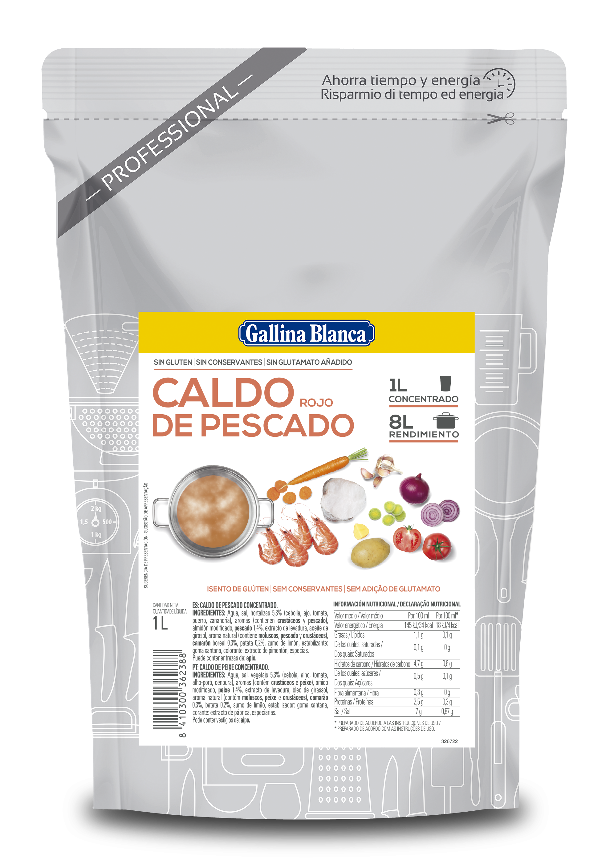 Caldo líquido concentrado Pescado Rojo 1L, rinde 8L