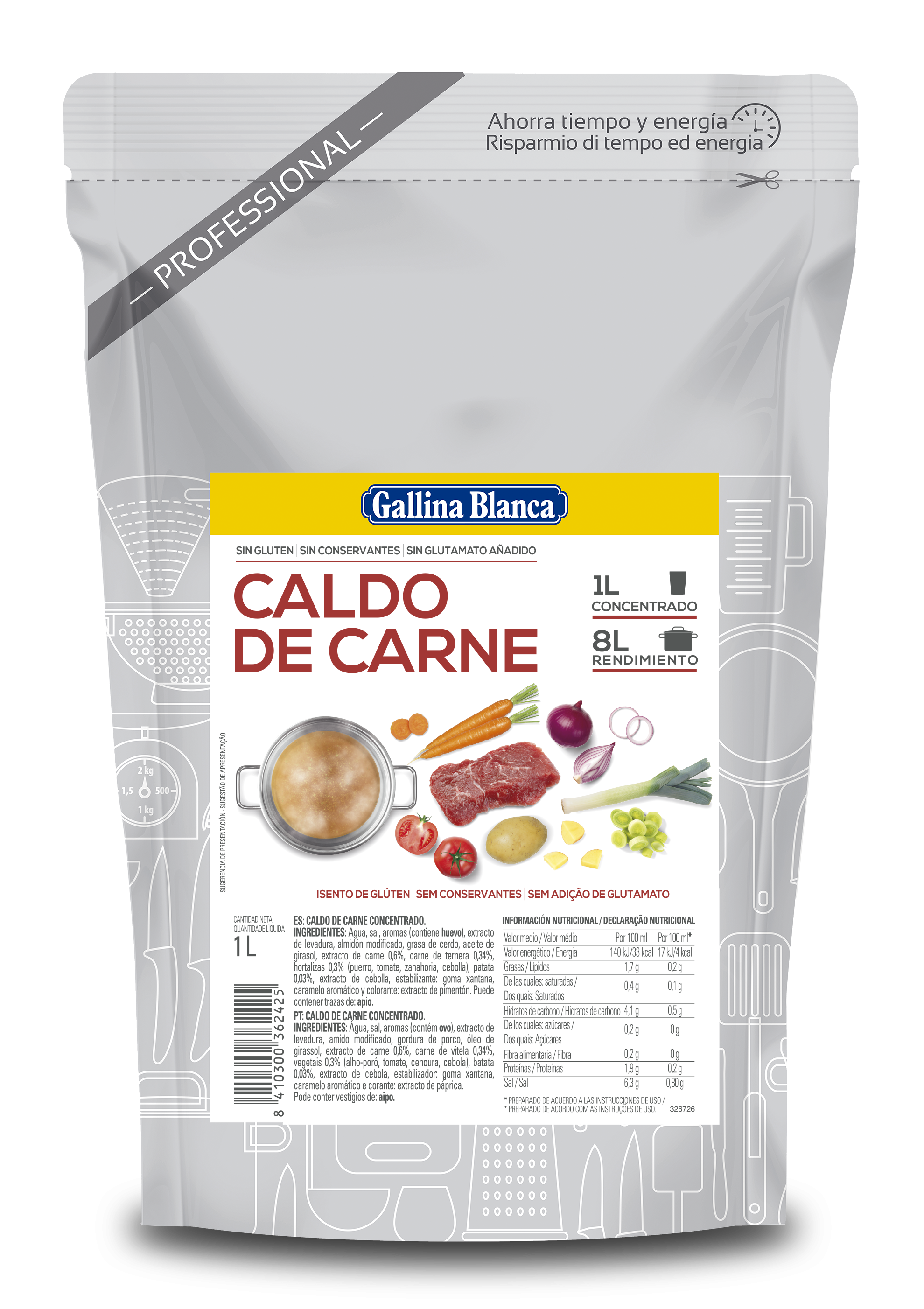 Caldo líquido concentrado Carne 1L, rinde 8L