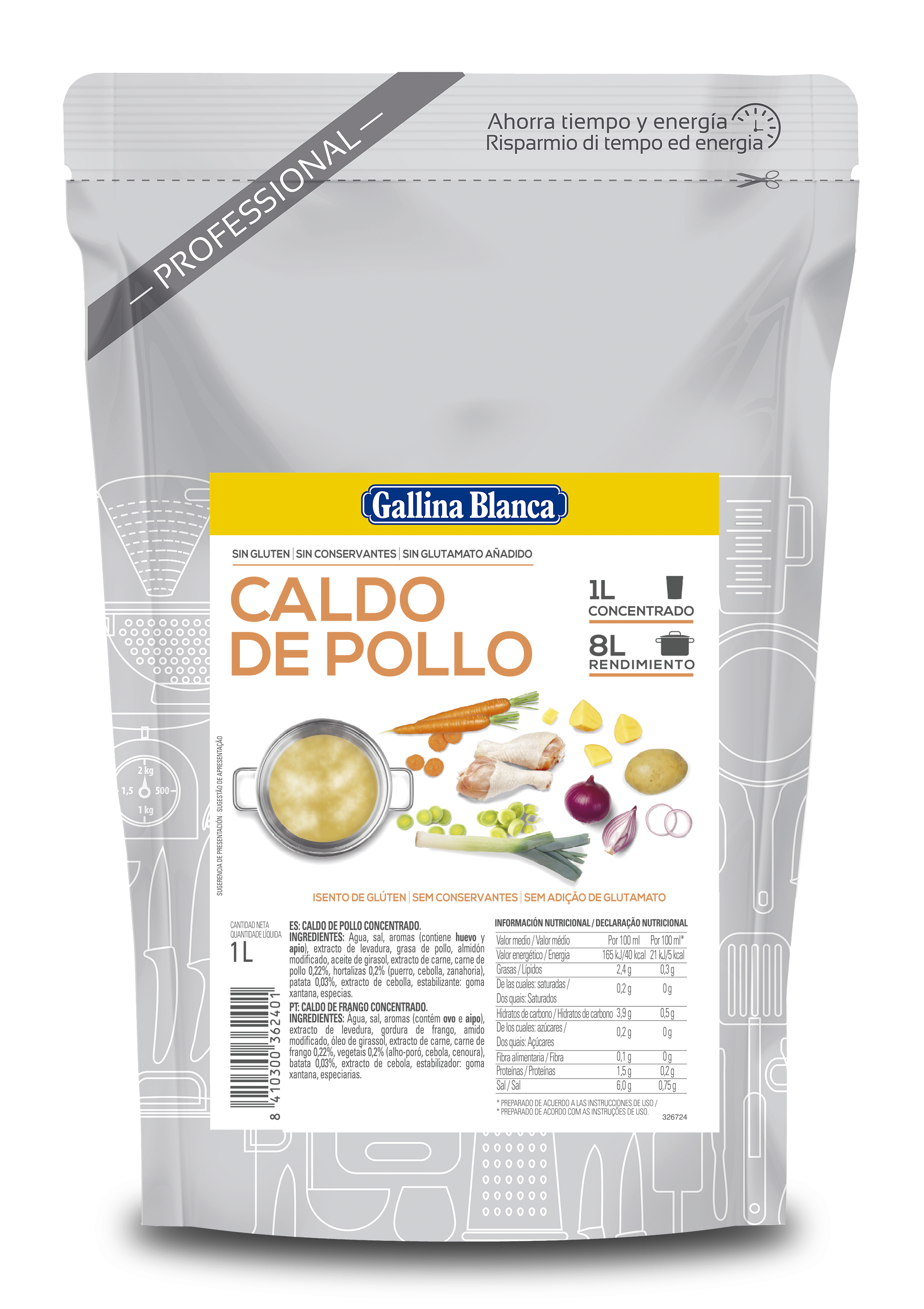 Caldo líquido concentrado Pollo 1L, rinde 8L