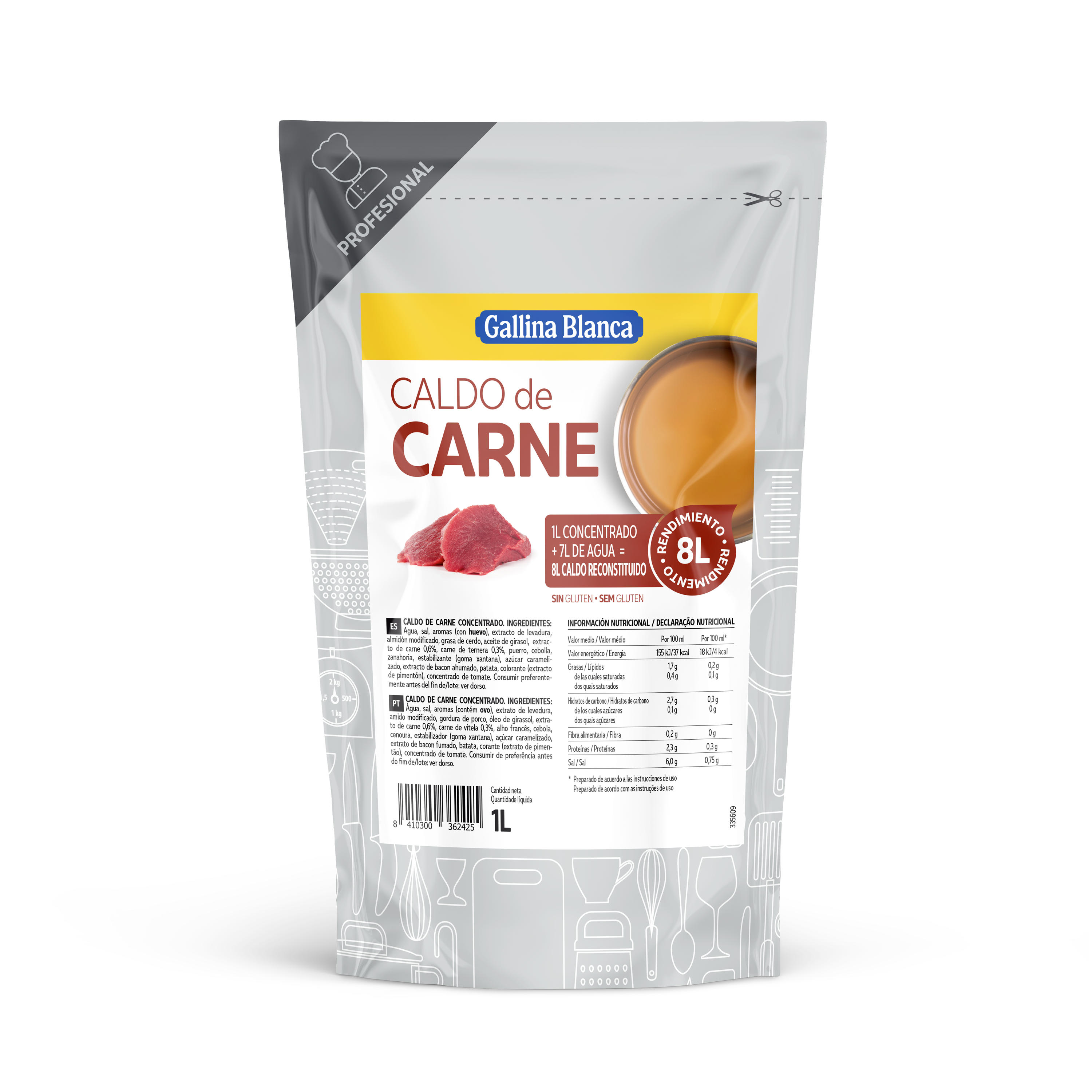 Caldo líquido concentrado Carne 1L, rinde 8L