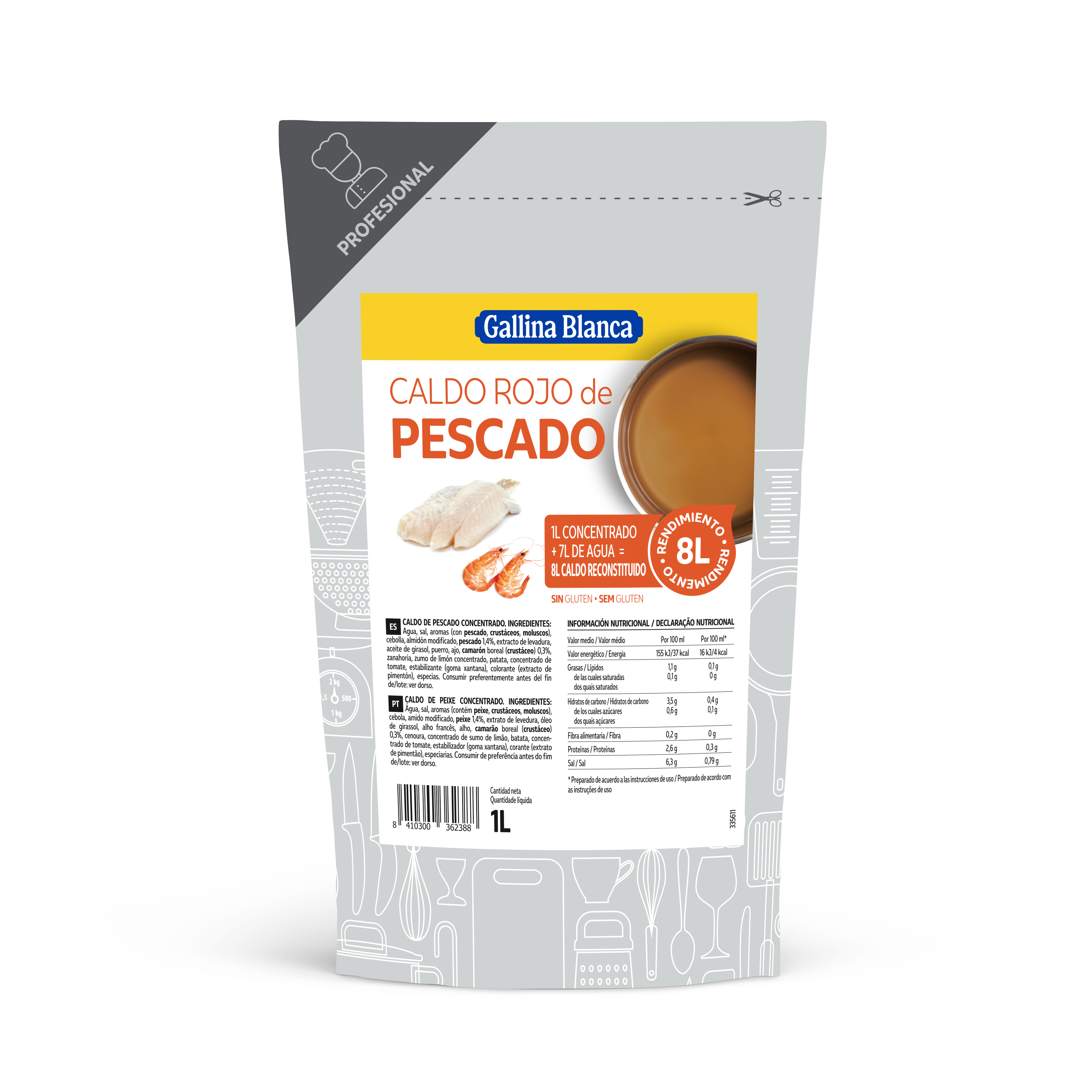 Caldo líquido concentrado Pescado Rojo 1L, rinde 8L