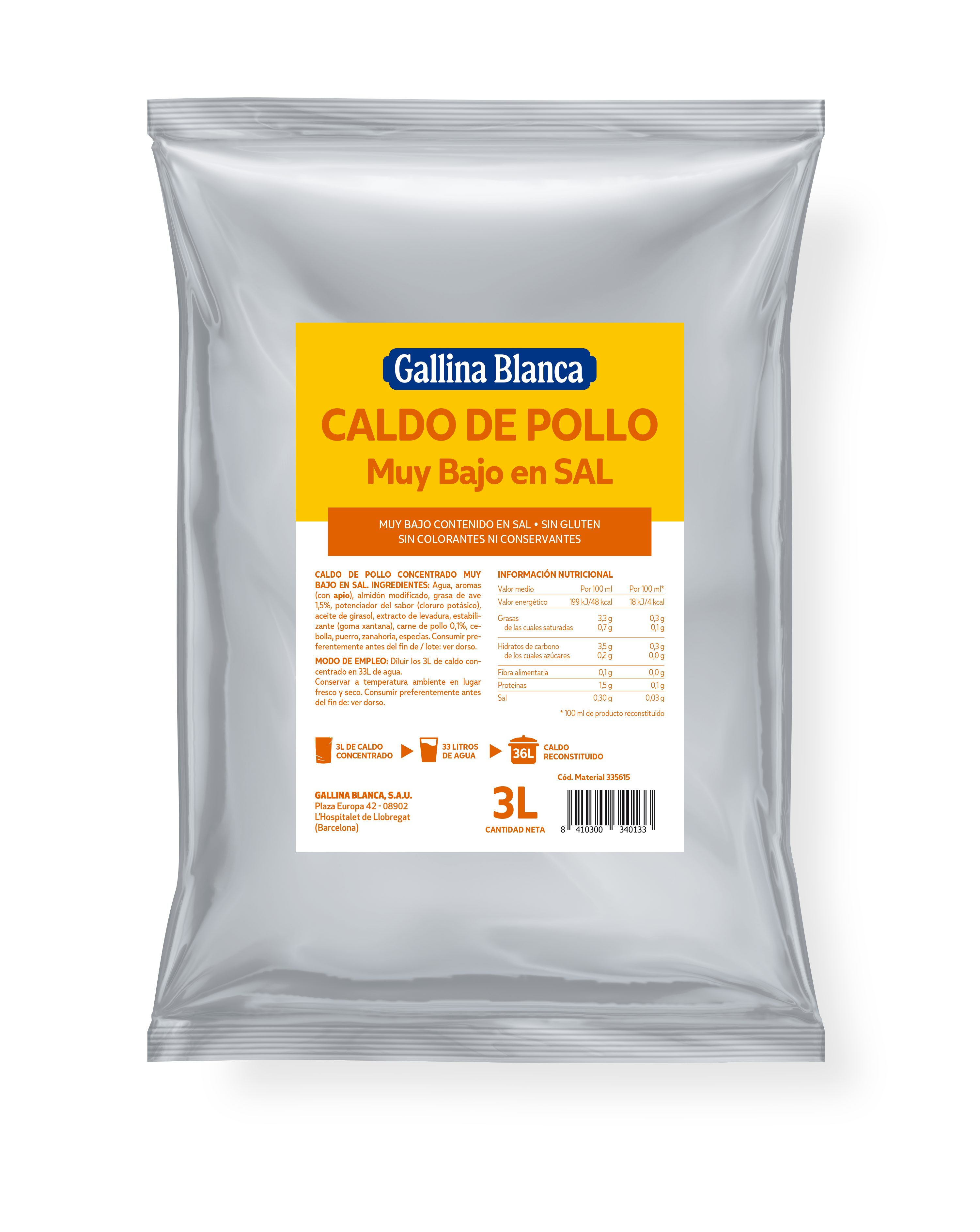 Caldo de Pollo sin gluten, muy bajo en sal